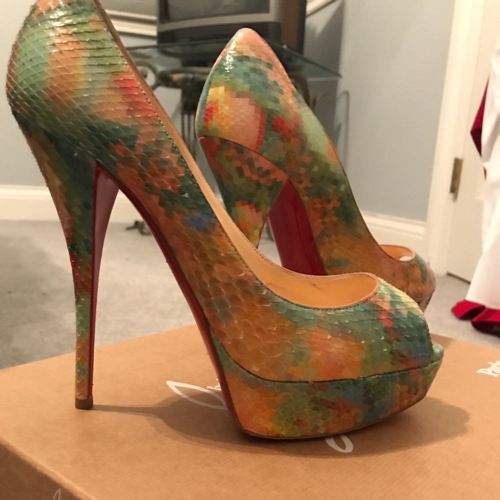 Rainbow python Christian Louboutin peep toe heels